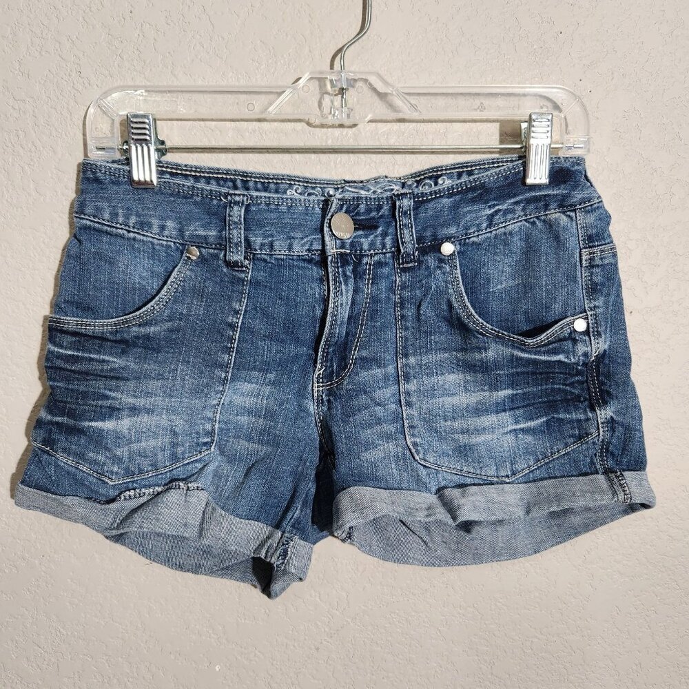 Express Shorts Womens 2 Denim Jean Blue Distressed Folded Hem Cotton Spandex